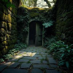 An entrance of an abandoned guardhouse, featuring moss-covered stone walls, an arched doorway partially covered with vines, and a worn wooden door that creaks slightly in the wind