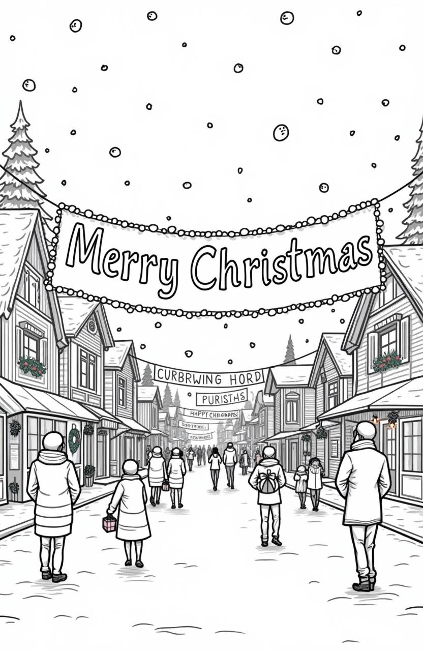 A festive Christmas banner scene in a charming town, designed as a coloring page