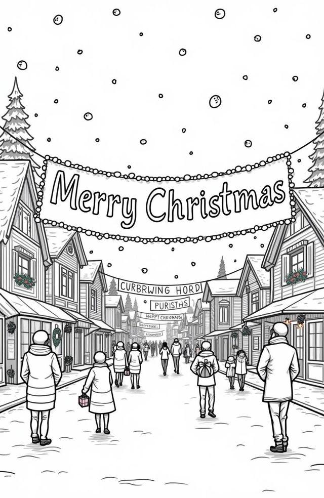 A festive Christmas banner scene in a charming town, designed as a coloring page