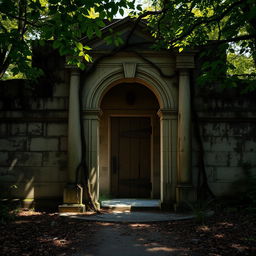 An entrance of an abandoned guardhouse, showcasing weathered stone walls with patches of moss, an imposing arched doorway flanked by crumbling pillars, and a rustic wooden door that hangs slightly ajar
