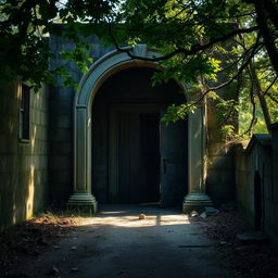 An entrance of an abandoned guardhouse, showcasing weathered stone walls with patches of moss, an imposing arched doorway flanked by crumbling pillars, and a rustic wooden door that hangs slightly ajar