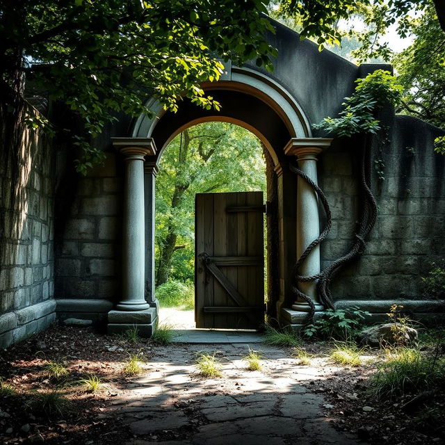 An entrance of an abandoned guardhouse, showcasing weathered stone walls with patches of moss, an imposing arched doorway flanked by crumbling pillars, and a rustic wooden door that hangs slightly ajar