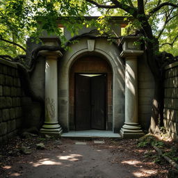 An entrance of an abandoned guardhouse, showcasing weathered stone walls with patches of moss, an imposing arched doorway flanked by crumbling pillars, and a rustic wooden door that hangs slightly ajar