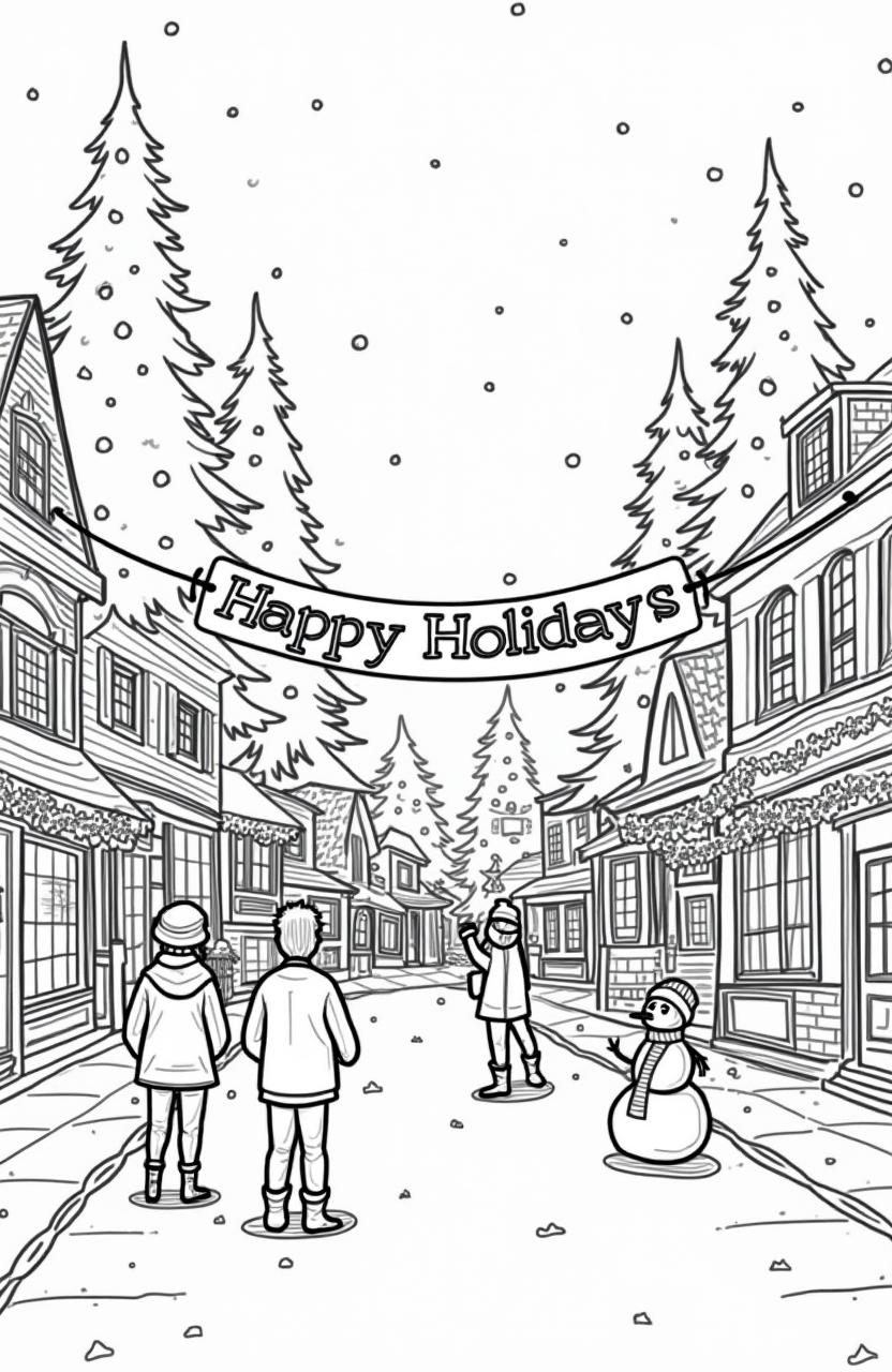 A festive coloring page featuring a cheerful 'Happy Holidays' banner strung across a charming town square