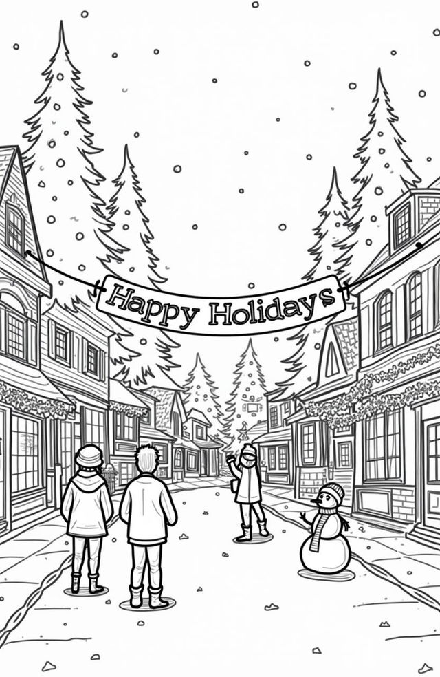 A festive coloring page featuring a cheerful 'Happy Holidays' banner strung across a charming town square