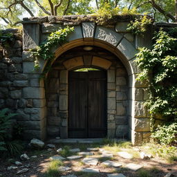 An entrance of an abandoned guardhouse made of rugged stone, displaying weather-worn textures and a sense of decay