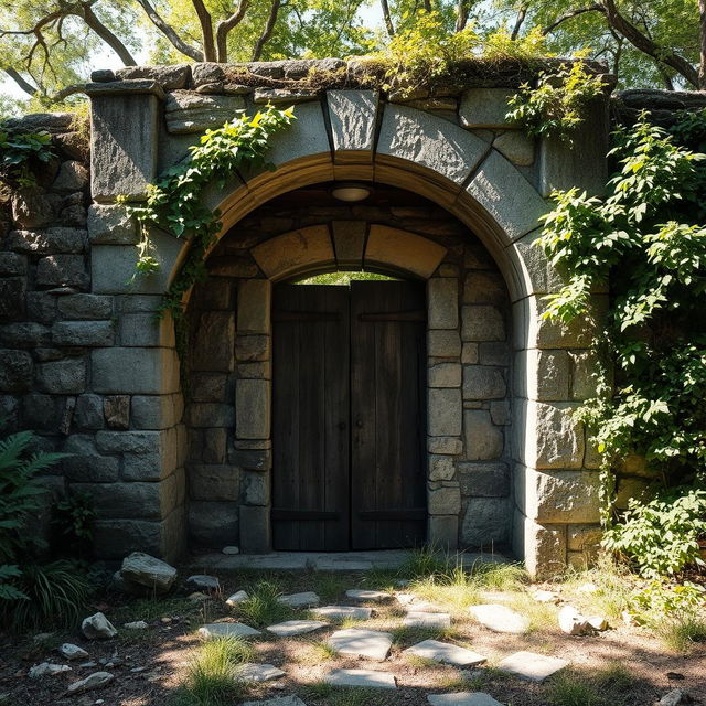 An entrance of an abandoned guardhouse made of rugged stone, displaying weather-worn textures and a sense of decay