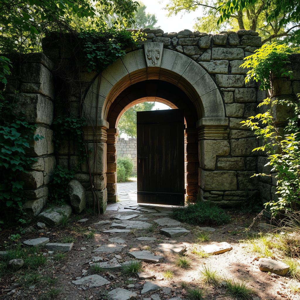 An entrance of an abandoned guardhouse made of rugged stone, displaying weather-worn textures and a sense of decay