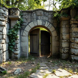 An entrance of an abandoned guardhouse made of rugged stone, displaying weather-worn textures and a sense of decay