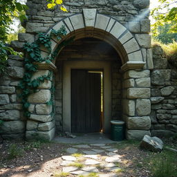 An entrance of an abandoned guardhouse made of rugged stone, displaying weather-worn textures and a sense of decay
