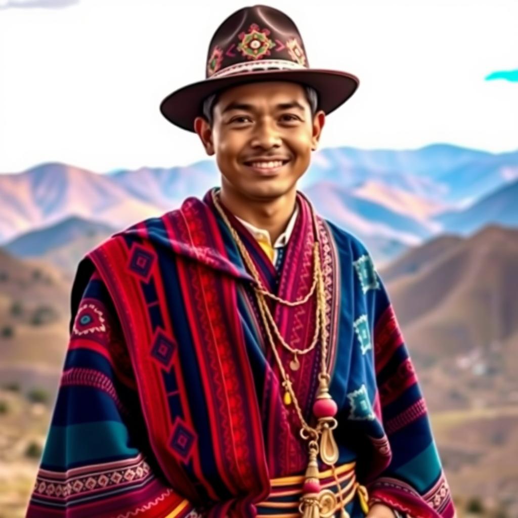 A young Bolivian man dressed in elegant traditional clothing, featuring a beautifully crafted, colorful poncho with intricate patterns draped over his shoulders