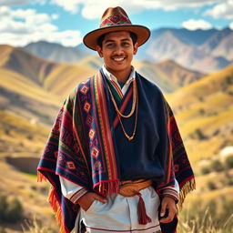 A young Bolivian man dressed in elegant traditional clothing, featuring a beautifully crafted, colorful poncho with intricate patterns draped over his shoulders
