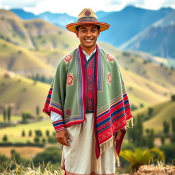 A young Bolivian man dressed in elegant traditional clothing, featuring a beautifully crafted, colorful poncho with intricate patterns draped over his shoulders