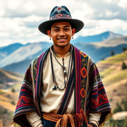 A young Bolivian man dressed in elegant traditional clothing, featuring a beautifully crafted, colorful poncho with intricate patterns draped over his shoulders