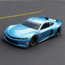 A NASCAR car from the 2100s, featuring cutting-edge technology and futuristic aesthetics. It showcases a sleek, aerodynamic shape, energy-efficient propulsion systems, advanced safety features, neon highlights, and a driver's cockpit filled with holographic dashboards