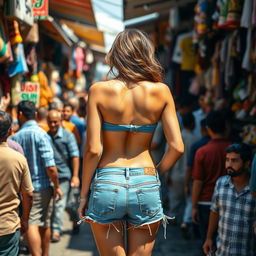 An Arab female standing with her back facing the viewer, wearing a strapless bikini and short denim shorts