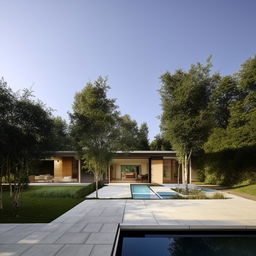 A minimalist two-story house with a car garage, a small park and a swimming pool.