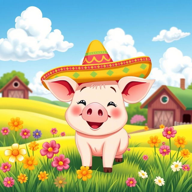 A charming and whimsical illustration of a cute pig wearing a traditional Spanish sombrero, set in a bright and cheerful farm landscape