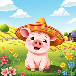 A charming and whimsical illustration of a cute pig wearing a traditional Spanish sombrero, set in a bright and cheerful farm landscape