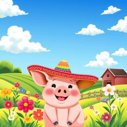 A charming and whimsical illustration of a cute pig wearing a traditional Spanish sombrero, set in a bright and cheerful farm landscape