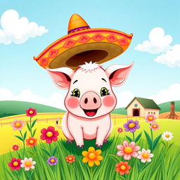 A charming and whimsical illustration of a cute pig wearing a traditional Spanish sombrero, set in a bright and cheerful farm landscape