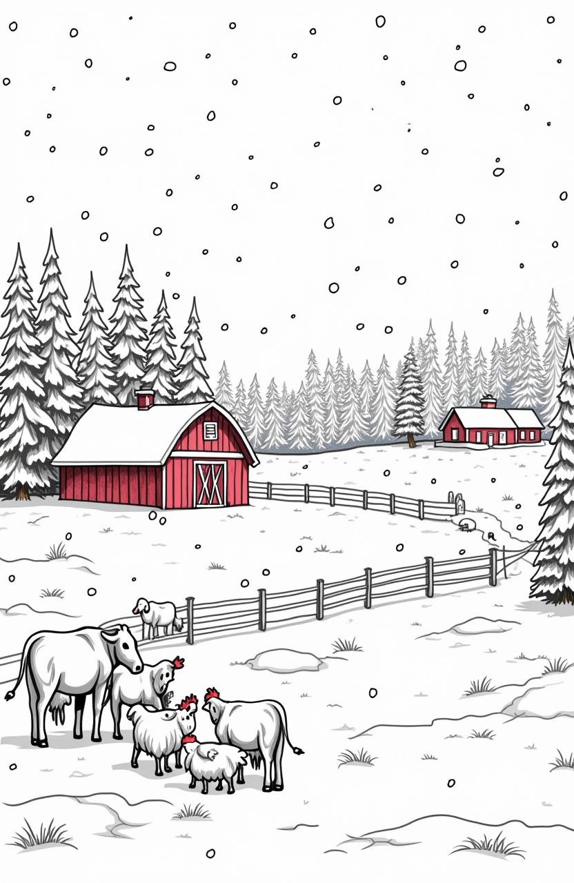 A captivating winter scene depicting a snowstorm on a farm, perfect for a coloring page