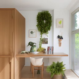 A serene and functional home office showcasing a white wall densely adorned with fake plants. The room features elements of warm wood and a predominant white color scheme.