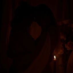 A dramatic, artistic representation of a sensual scene featuring two silhouettes under ambient lighting