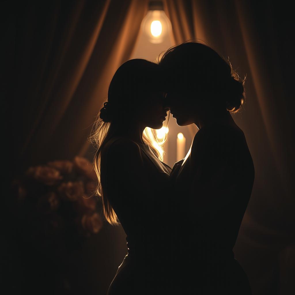 A dramatic, artistic representation of a sensual scene featuring two silhouettes under ambient lighting