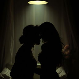 A dramatic, artistic representation of a sensual scene featuring two silhouettes under ambient lighting