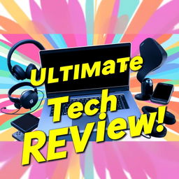 A vibrant and eye-catching YouTube thumbnail designed for a tech review channel, featuring a sleek modern laptop with a glowing keyboard, surrounded by various tech gadgets like headphones, a smartphone, and a smart watch