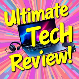 A vibrant and eye-catching YouTube thumbnail designed for a tech review channel, featuring a sleek modern laptop with a glowing keyboard, surrounded by various tech gadgets like headphones, a smartphone, and a smart watch