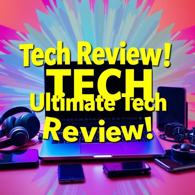 A vibrant and eye-catching YouTube thumbnail designed for a tech review channel, featuring a sleek modern laptop with a glowing keyboard, surrounded by various tech gadgets like headphones, a smartphone, and a smart watch