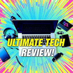 A vibrant and eye-catching YouTube thumbnail designed for a tech review channel, featuring a sleek modern laptop with a glowing keyboard, surrounded by various tech gadgets like headphones, a smartphone, and a smart watch