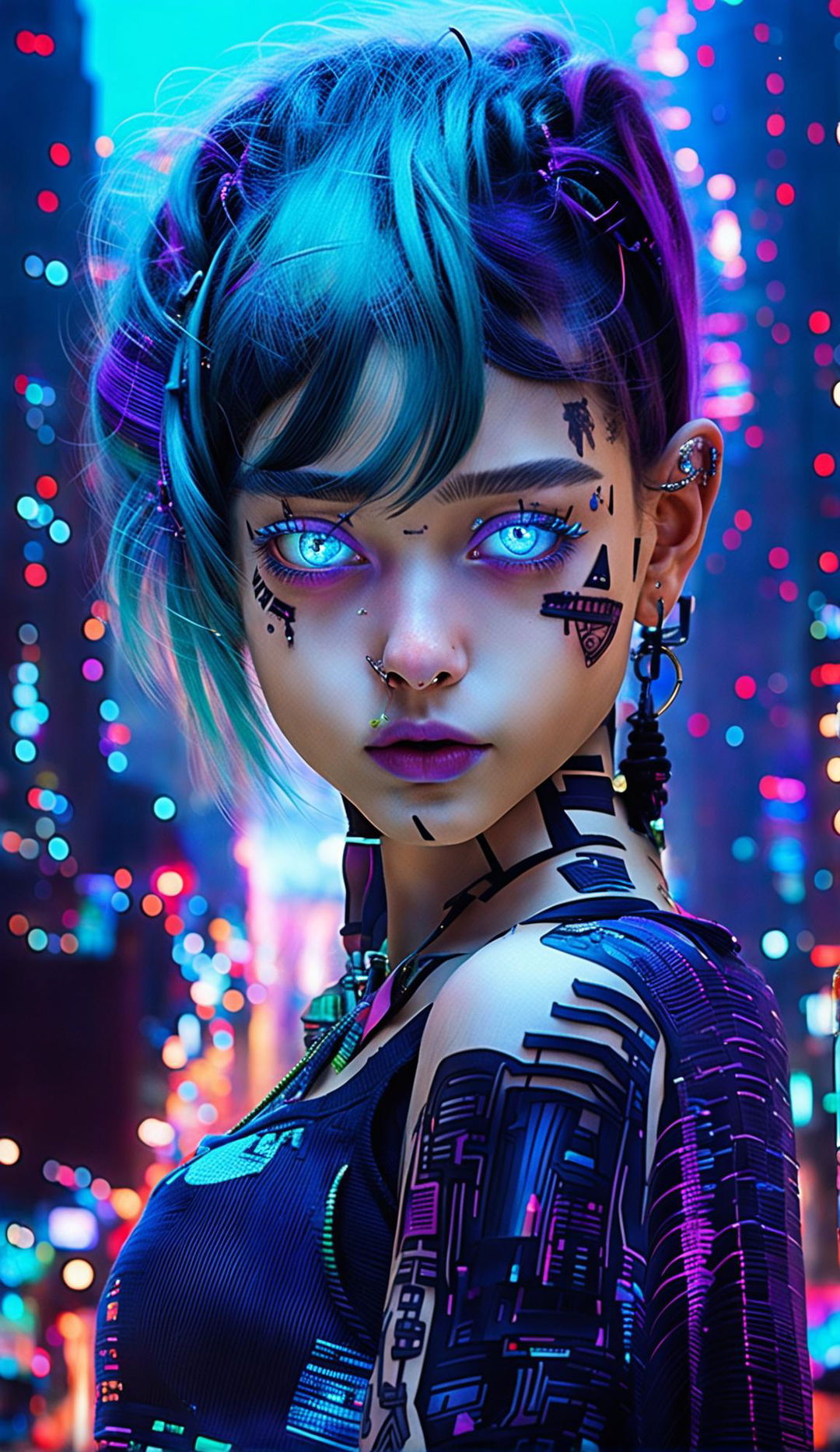 Ultra-realistic HD photograph of a 16-year-old cyber-organic girl with doll-like features, aquamarine eyes and hair, pink lips, piercings, and a purple Norse code tattoo on her neck and arm against a vivid cyberpunk cityscape.