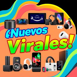 A vibrant and engaging YouTube thumbnail for the video titled 'Nuevos Gadgets de Amazon que se viralizaron en TikTok 2024'