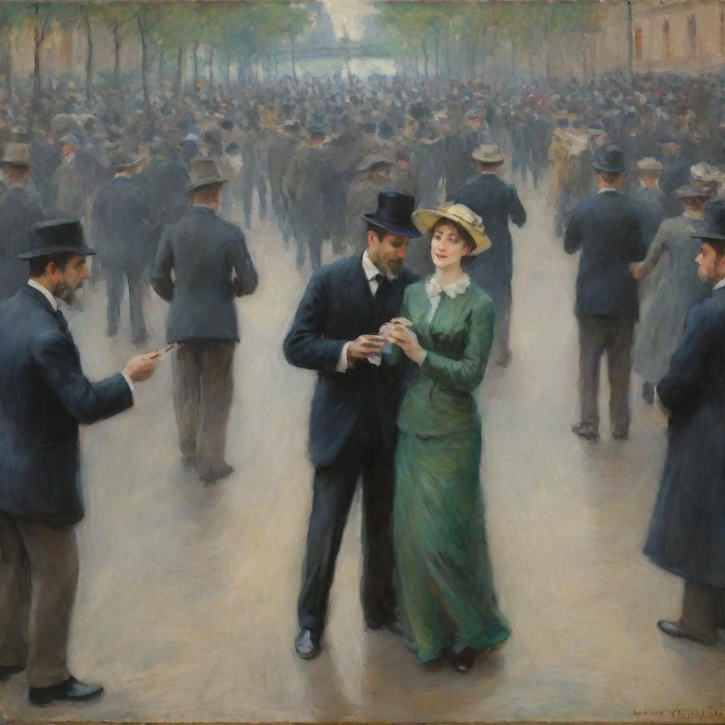 In the impressionistic style of Claude Monet, paint a bustling crowd of people. The figures are captured in dynamic and lively brush strokes, giving a sense of collective movement and shared emotion, characteristic of Monet's vibrant crowd scenes.