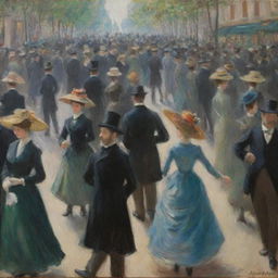 In the impressionistic style of Claude Monet, paint a bustling crowd of people. The figures are captured in dynamic and lively brush strokes, giving a sense of collective movement and shared emotion, characteristic of Monet's vibrant crowd scenes.