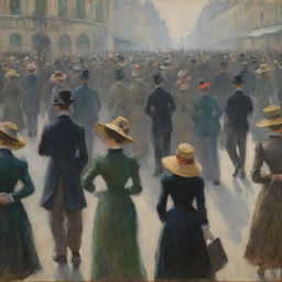 In the impressionistic style of Claude Monet, paint a bustling crowd of people. The figures are captured in dynamic and lively brush strokes, giving a sense of collective movement and shared emotion, characteristic of Monet's vibrant crowd scenes.