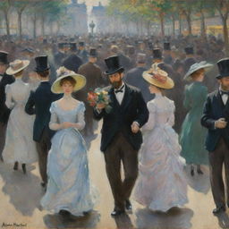 In the impressionistic style of Claude Monet, paint a bustling crowd of people. The figures are captured in dynamic and lively brush strokes, giving a sense of collective movement and shared emotion, characteristic of Monet's vibrant crowd scenes.