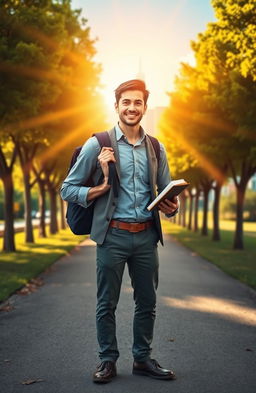 An inspiring scene depicting a protagonist embarking on a personal development journey towards financial freedom
