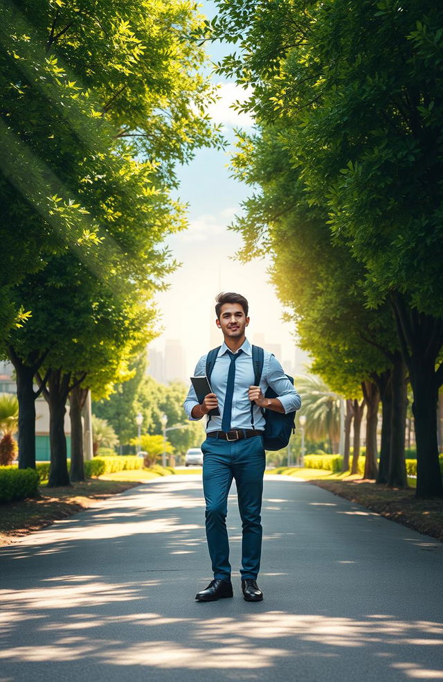 An inspiring scene depicting a protagonist embarking on a personal development journey towards financial freedom