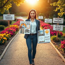 An inspiring scene depicting a protagonist embarking on a personal development journey towards financial freedom