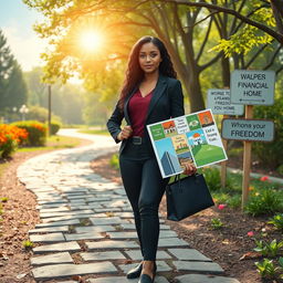 An inspiring scene depicting a protagonist embarking on a personal development journey towards financial freedom