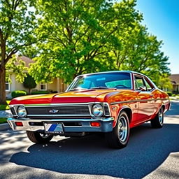 A classic Chevrolet Nova, showcasing its iconic design with sleek lines and vibrant paint