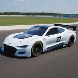 A NASCAR car from the year 2024, combining contemporary technology with traditional racing aesthetics. The vehicle sports an aerodynamic design, high-performance electric engine, carbon-fiber bodywork, and state-of-the art digital displays in the driver's cockpit