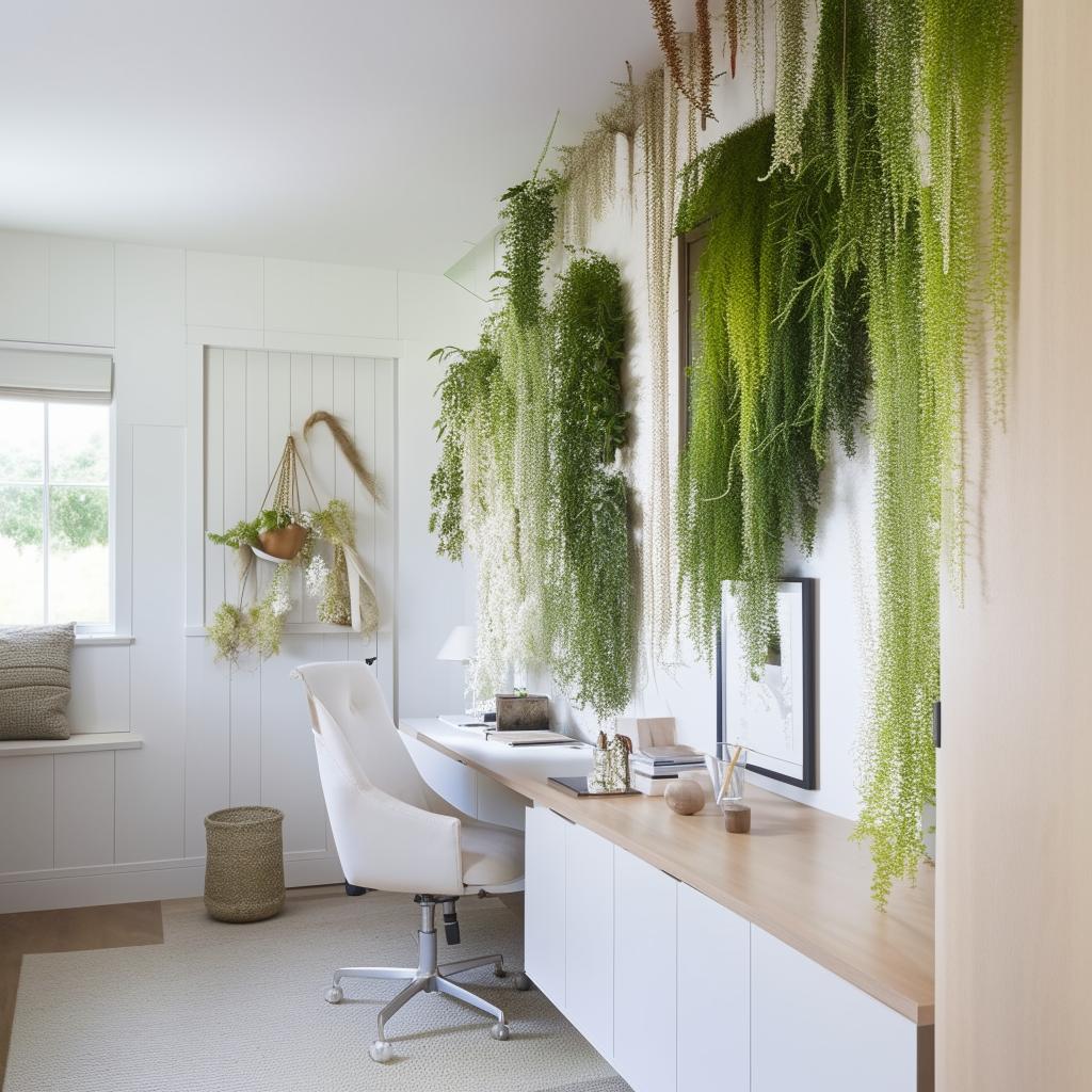 A serene and functional home office showcasing a white wall densely adorned with fake plants. The room features elements of warm wood and a predominant white color scheme.