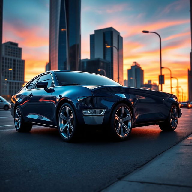 A modern Chevy Nova parked on a city street at sunset, showcasing its sleek and aerodynamic design