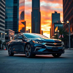 A modern Chevy Nova parked on a city street at sunset, showcasing its sleek and aerodynamic design