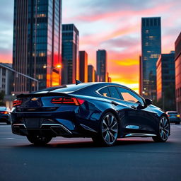 A modern Chevy Nova parked on a city street at sunset, showcasing its sleek and aerodynamic design